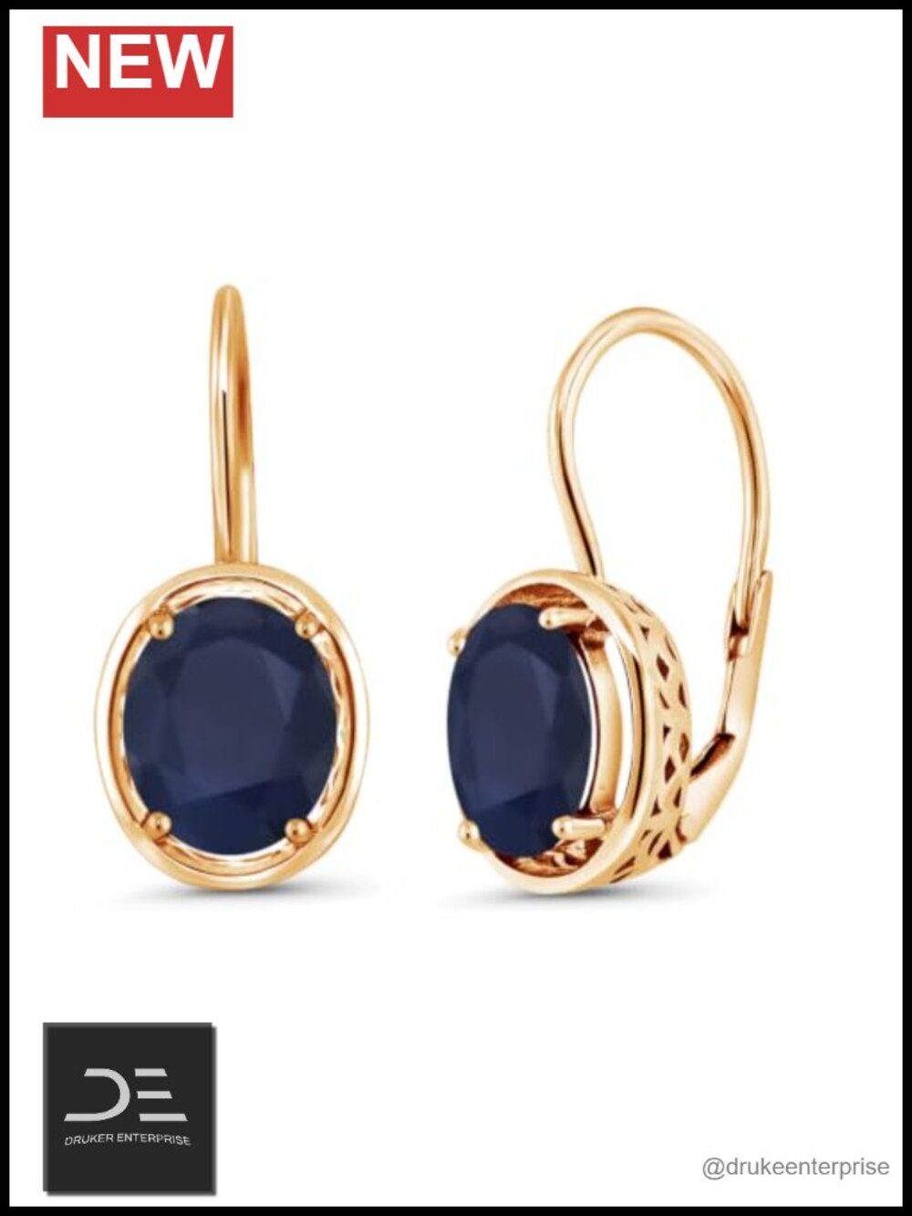 18K Yellow Gold Plated Silver Oval Blue Sapphire Dangle Earrings 5ct Lever Back